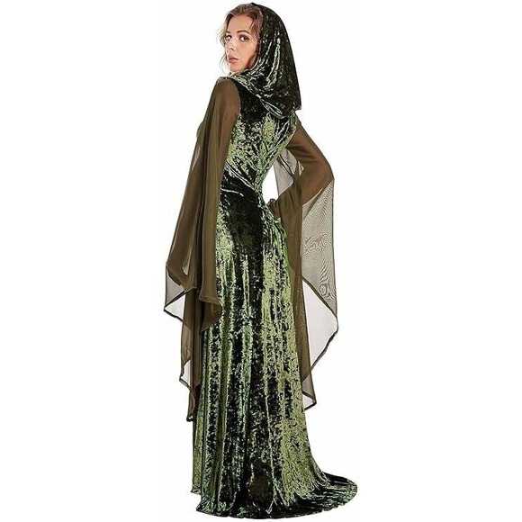 Sinastar Green Velvet Hooded Medieval Fantasy Costume Dress with Gold Trim M - Picture 13 of 14